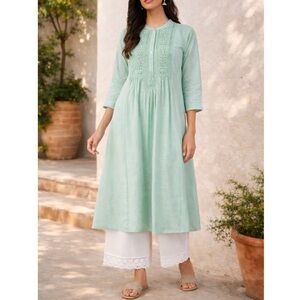 Utsa Mint Green Studded Embroidered Cotton Tunic Dress Boho Peasant XXL Coastal